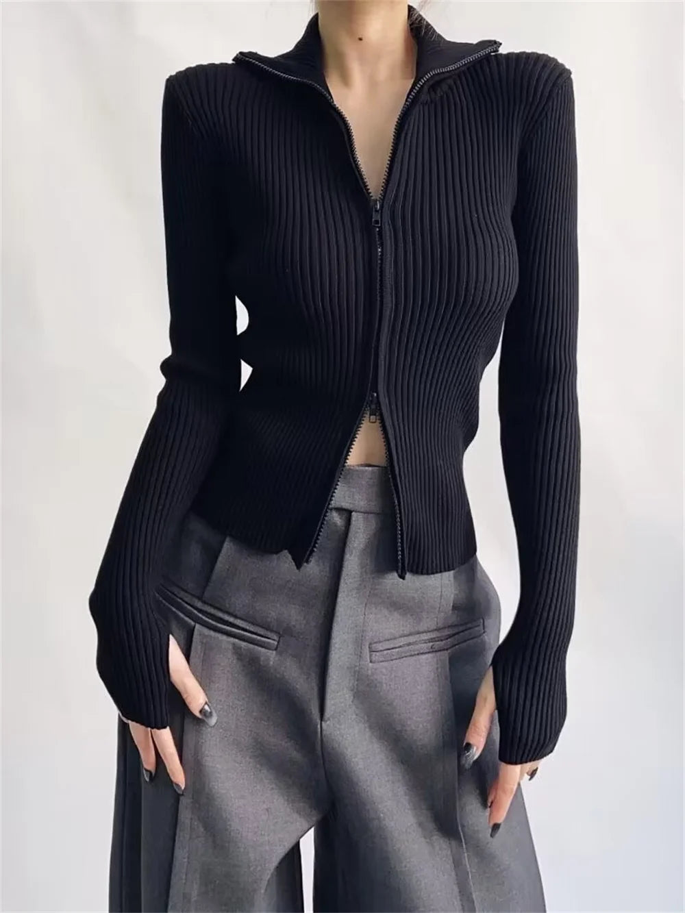 Fashion Korean New Spring Women High Elastic Slim Knitted Cardigan Woman Zipper Turtleneck Knitwear Long Sleeve Sweater Coat