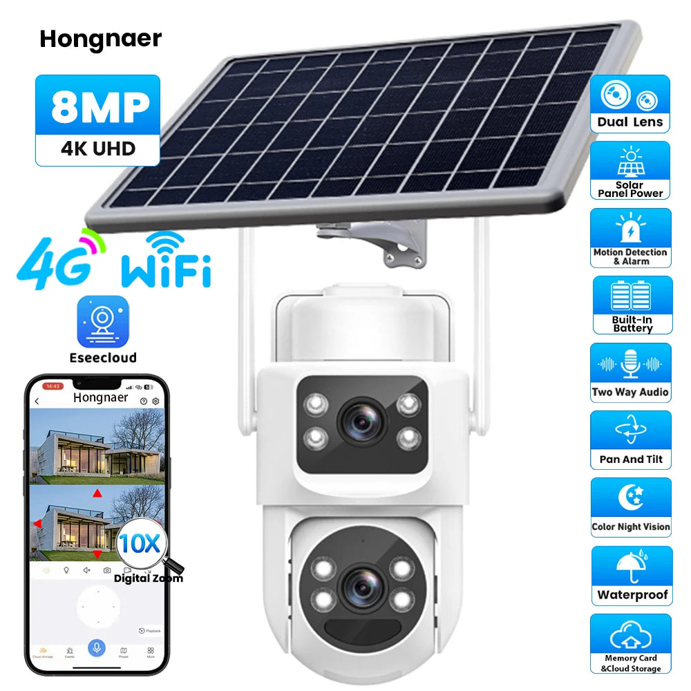 Hongnaer 8MP Dual Lens 4K Wireless WiFi/4G Sim Card Solar Powered Panel IP PTZ Outdoor WiFi Security CCTV Solar Camera