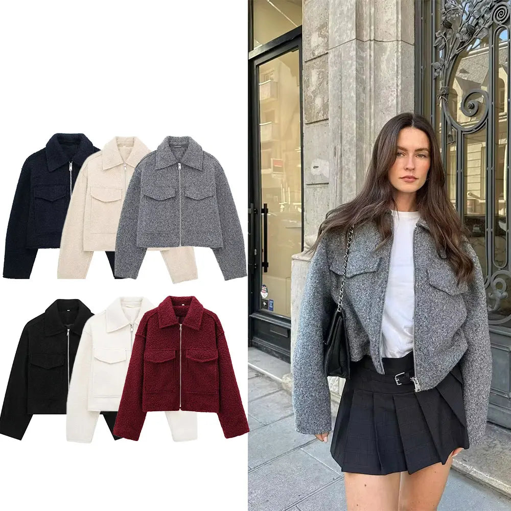 DUOPERI Women Fashion Winter Autumn Fleece Cropped Jacket Lapel Collar Long Sleeves Female Chic Lady Casual Short Outwear