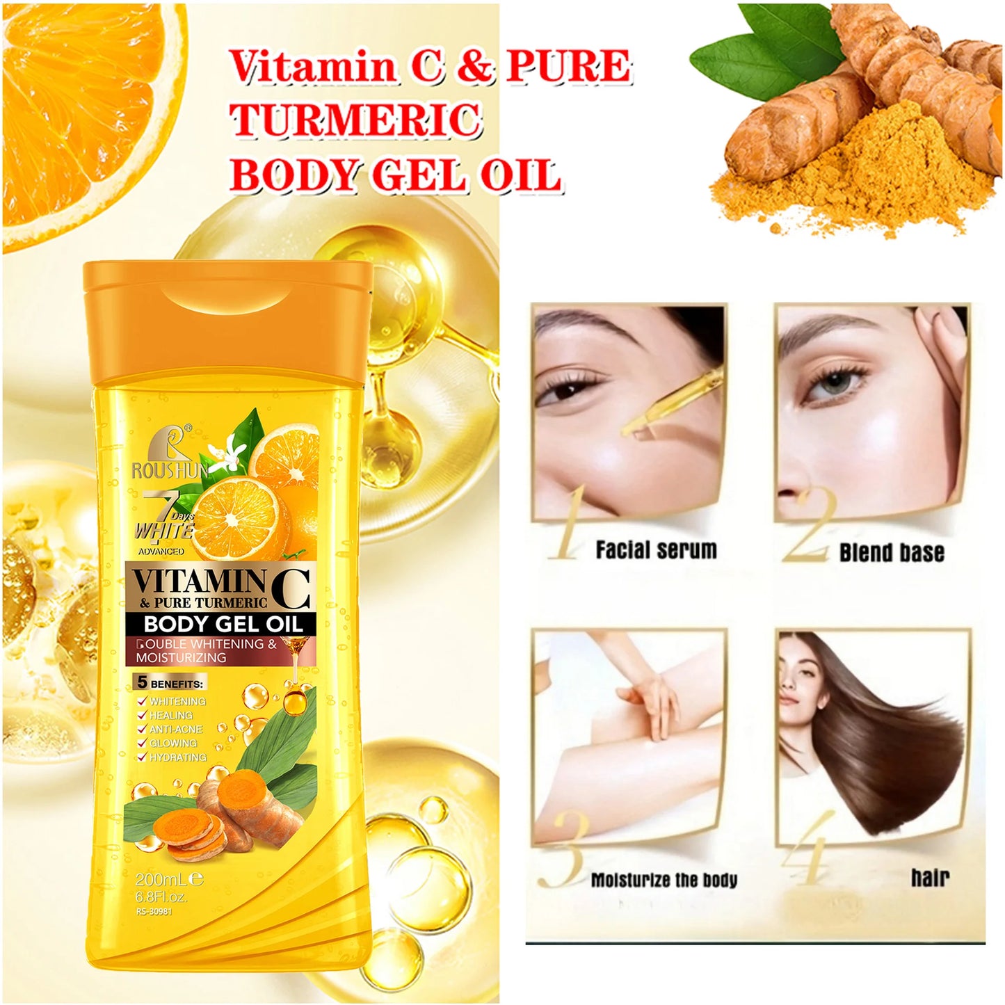 200ML VITAMIN C PURE TURMERIC Body OIL Moisturizing Essential Oil Body Oil Unisex Full Body Skincare Oil，Moisturizing Body Oil