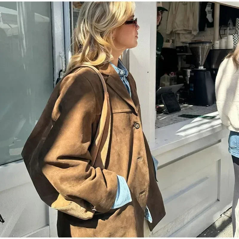 Boyfriend Brown Coat For Women Spring Turndown Collar Long Sleeve Female Jacket 2025 Fashion Loose Single-breasted Lady Coats