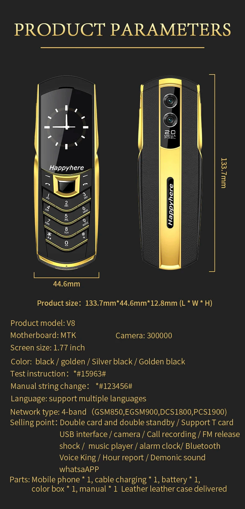 New Unlock V8 Bar Luxury Metal Handmade Phone Quad band Dual Sim Leather case Bluetooth FM Radio Push-button mobile phone