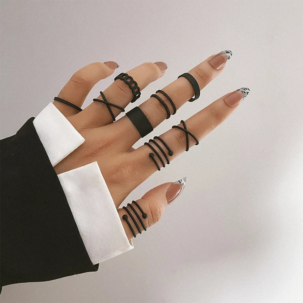 Punk Black Finger Rings For Women Men Simple Chain Ring Set Fashion Rings 2026 Trend Friend Gifts Party Knuckle Jewelry Party