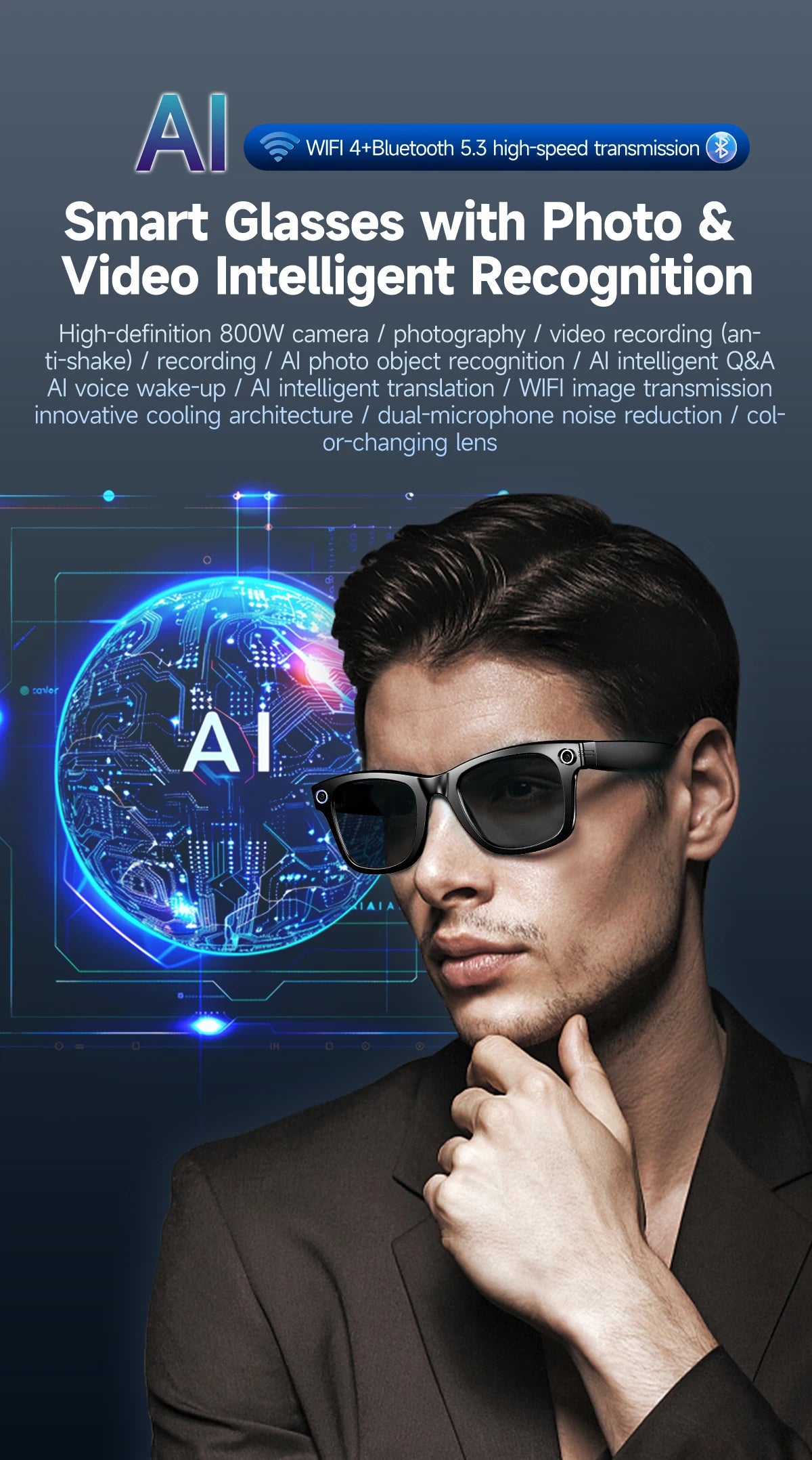 Smart Glasses 8 Million Pixels Recording Videos AI Photo Recognition Answer Translation 270mAh IP65 Waterproof Bluetooth Glasses