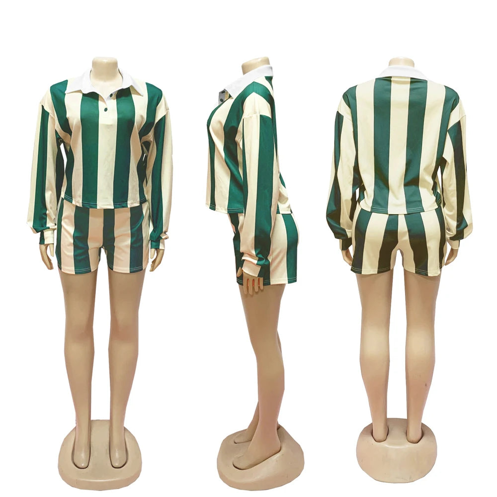 Women's Clothing Fashion Striped Sets Long Sleeve Polo-Neck T Shirt and Shorts 2025 Spring Summer 2 Two Piece Set Tracksuit