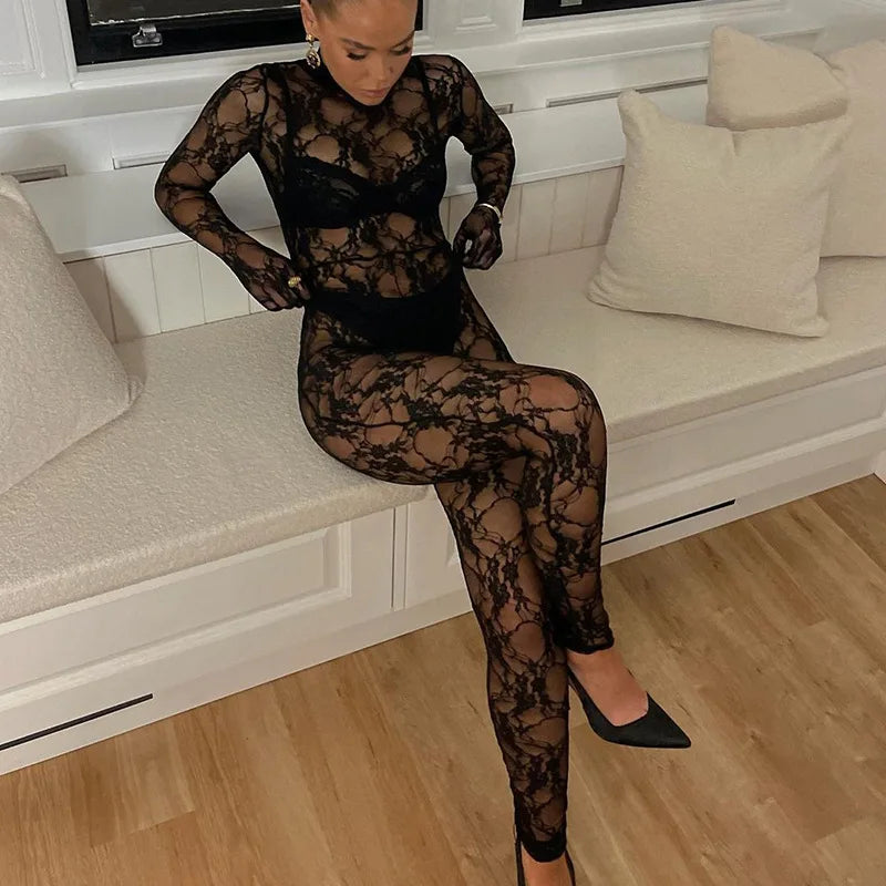Mesh Sheer Hollow Out Long Sleeve Sexy See Through Skinny Exotic Jumpsuit Bodycon Summer Women Outfit Night Party with Gloves