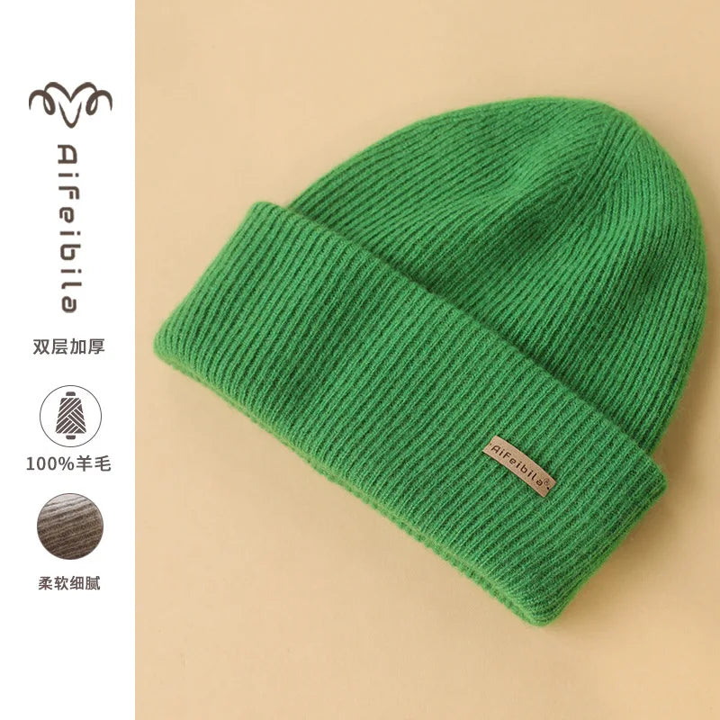 100% Merino Wool Double-Sided Beanie for Men Women Thick Soft Warm Winter Skull Caps Solid Color Knitted Beanies Hat