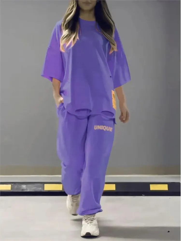 Summer New Fashion Hollowed Out O Neck T Shirt Women's 2 Piece Set Solid Color Casual Relaxed Tracksuit Pants Pocket Female Suit