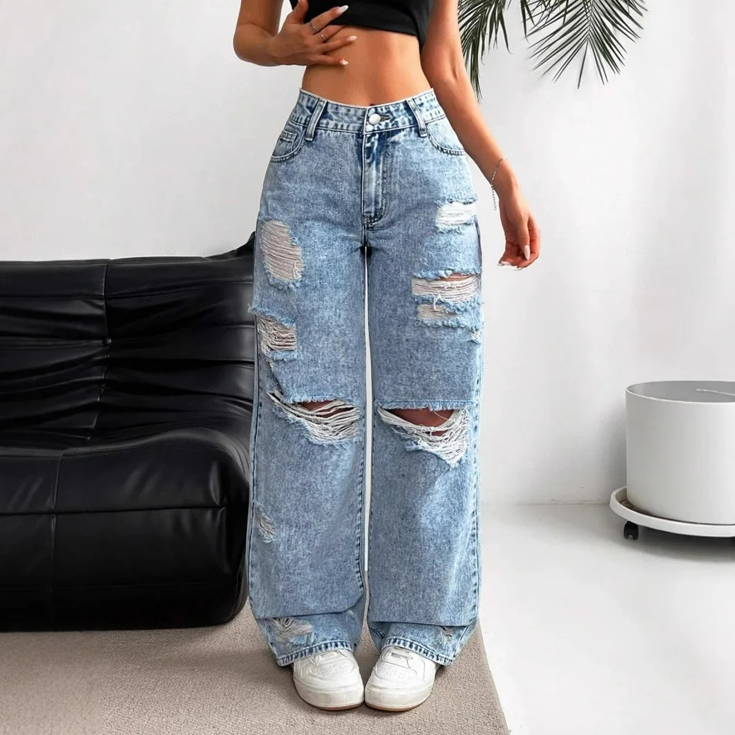 Women's Ripped Boyfriend JEANS Straight Wide-Leg Denim Pants Stretch Holes Denim Trousers Pocket Comfortable High Waist Pants