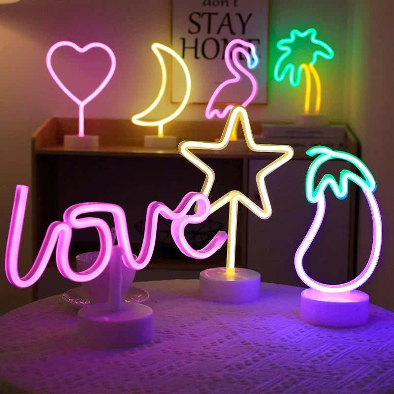 LED Neon Night Light Sign Flamingo Coconut Tree Cactus Table Lamp Kids Birthday Gifts Bedroom Christmas Art Decor Battery/USB