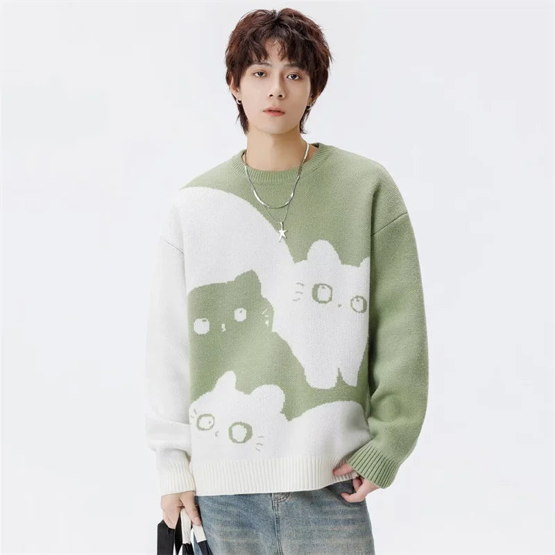 Winter Men's Anime Cat Jacquard Crewneck Knitted Sweaters Hip Hop Fashion Graphic Printed Y2K Jumpers Streetwear Knit Pullovers