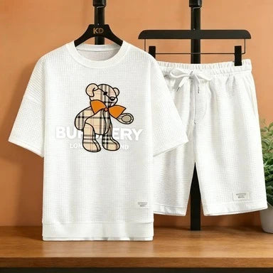 Men's Luxury Bear Print 2 Piece Outfit, Waffle Knit T-shirt + Shorts Set, Casual Designer Inspired Streetwear Tracksuit, White