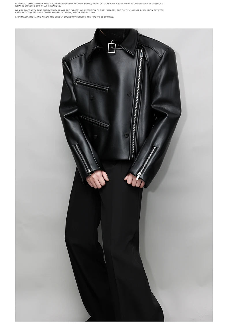 Mauroicardi Spring Autumn Oversized Cool Pu Leather Jacket Men Long Sleeve Stand Collar High Quality Luxury Designer Clothes