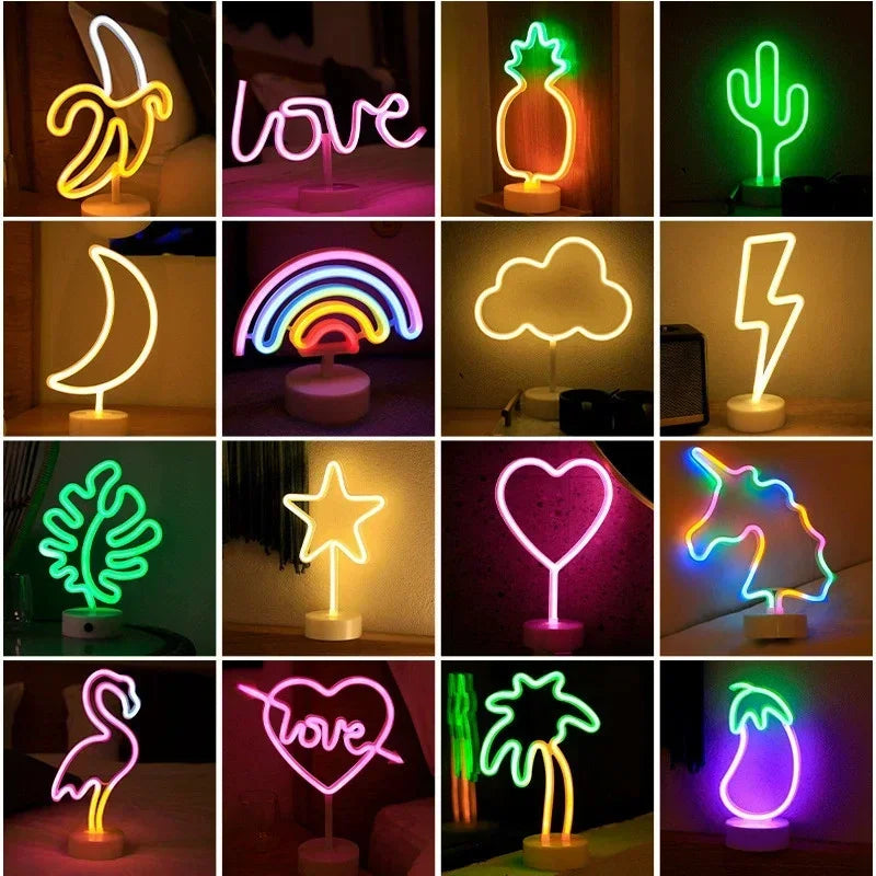 LED Neon Night Light Sign Flamingo Coconut Tree Cactus Table Lamp Kids Birthday Gifts Bedroom Christmas Art Decor Battery/USB