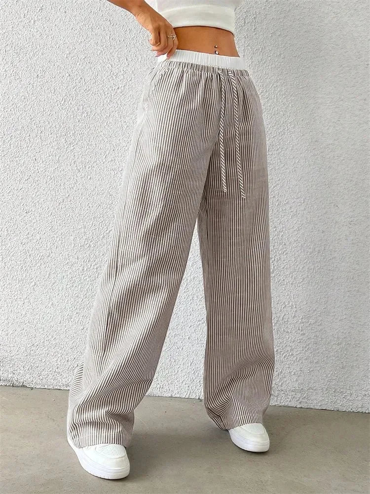 Casual Striped Woven Wide Leg Pants for Women Autumn Winter Casual Stylish Full Length Trousers Y2K Clothes Streetwear