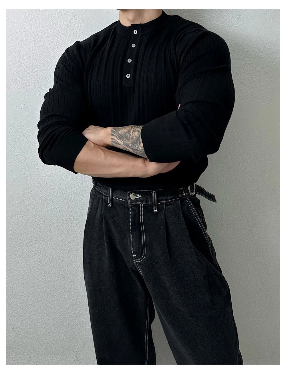 Autumn Clothing Men's Light Luxury Knit Korean Popular Henry Collar T-shirt Button-down Long Sleeve Retro Leisure Knitwear
