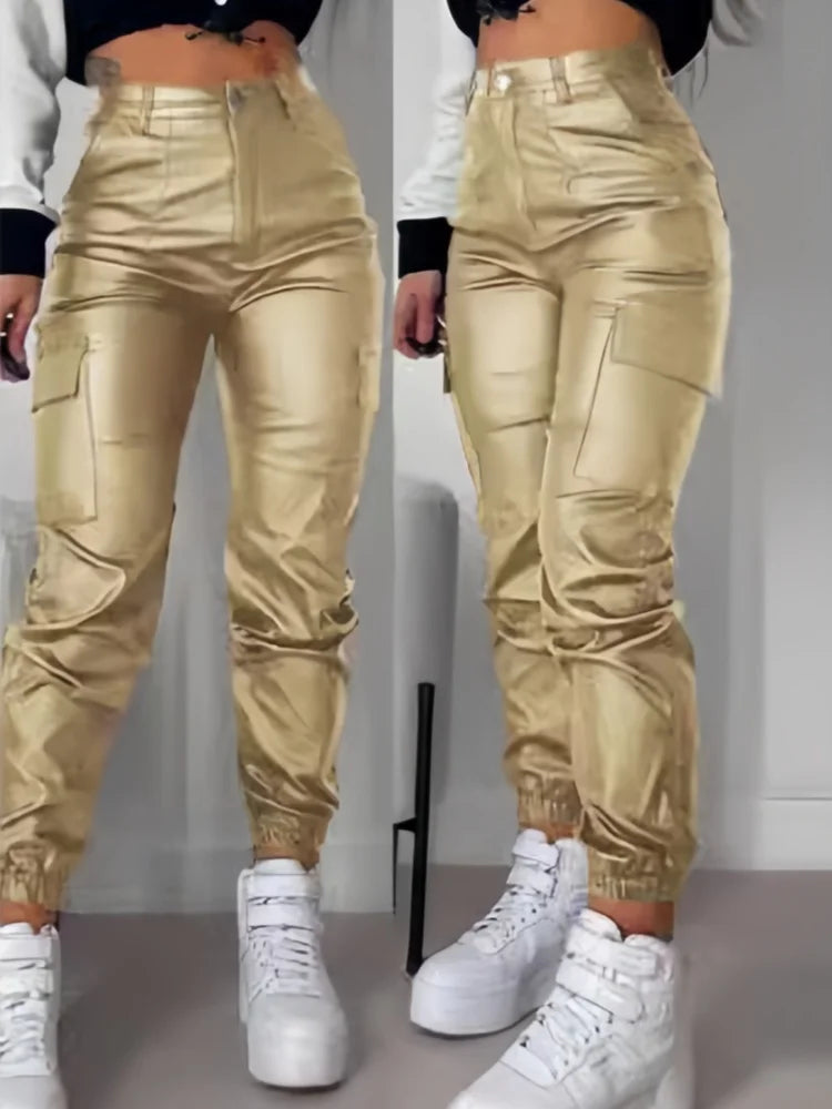 Women's PU Trousers Zipper Pleated Multiple Pocket Fashion Casual High Waisted Patch Bag Tight Foot Aesthetic Long Cargo Pants