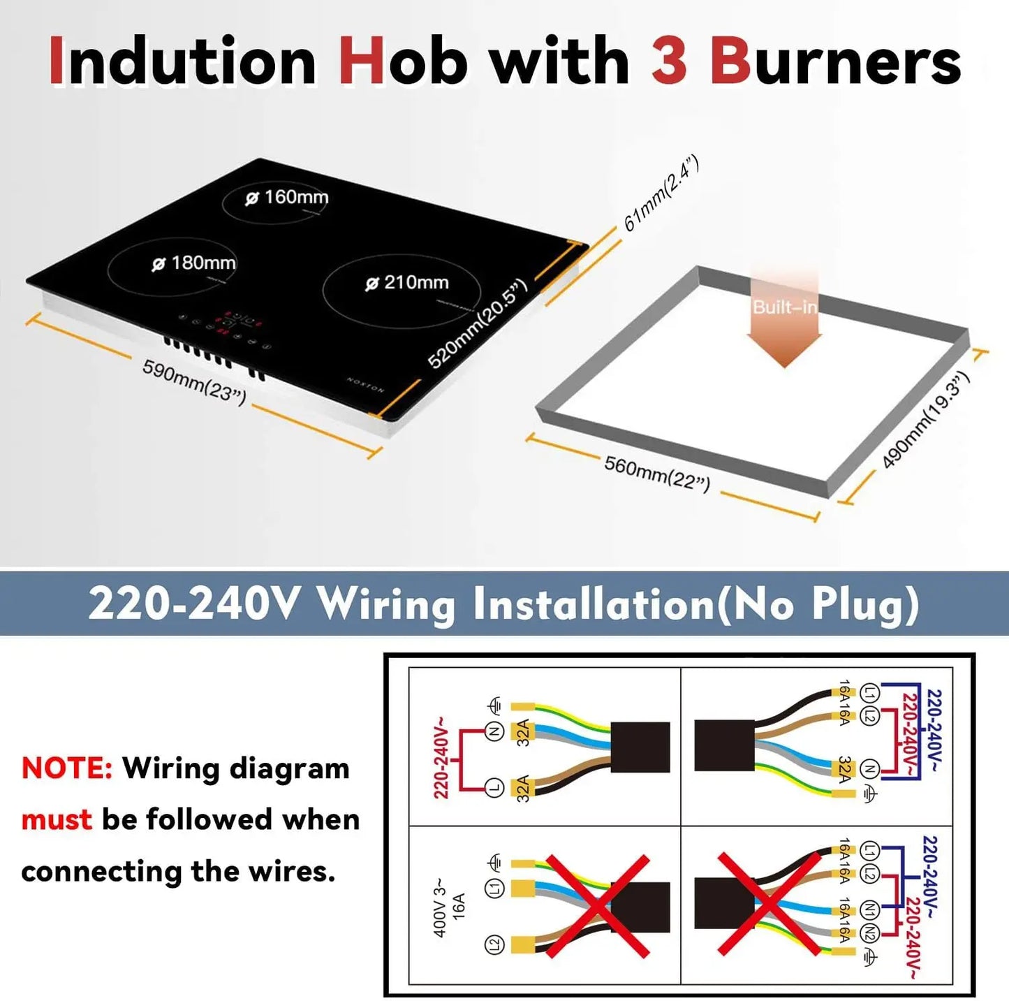 NOXTON Induction Hob 3-Burner, 60cm Built in Induction Hob, Electric Hob with Touch Control, Timer, Safety Lock, 5200Watts, wi