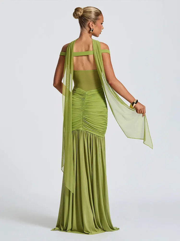 GACVGA Mesh Patchwork Sexy Bodycon Maxi Dress Women Draped Gown Summer Halter Backless Ruched High Split Club Party Long Dress