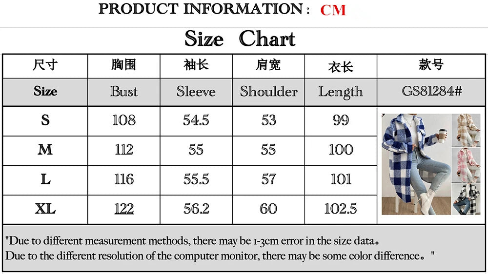 Cardigan 2023 Autumn Long Sleeved Turn-down Collar Plush Plaid Coat Loose Temperament Commuter Longline Jacket Women Outerwear