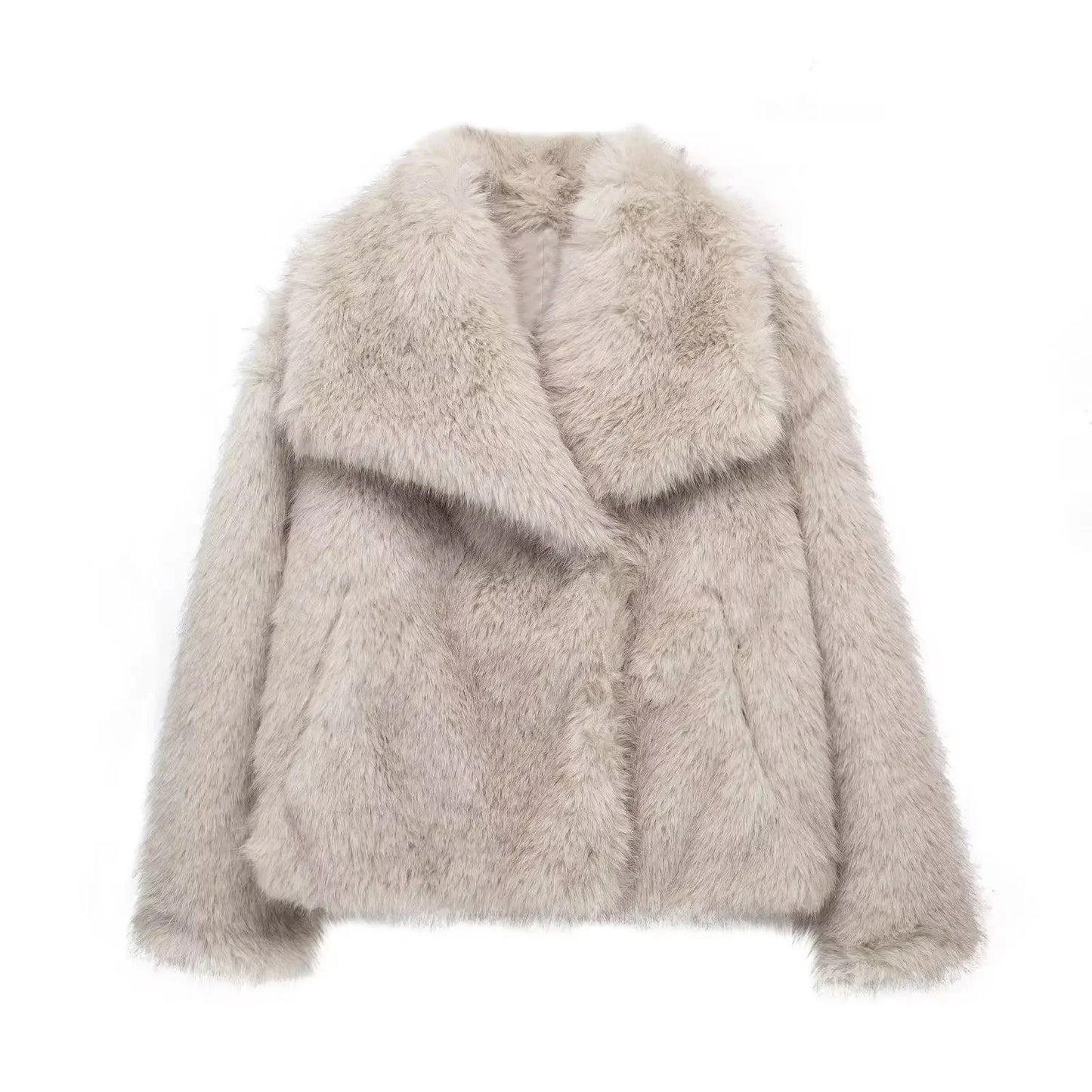 HH Women Fashion Faux Fur Jacket Vintage Turn-Down Collar Long Sleeve Coat Autumn Winter Woman Elegant Streetwear