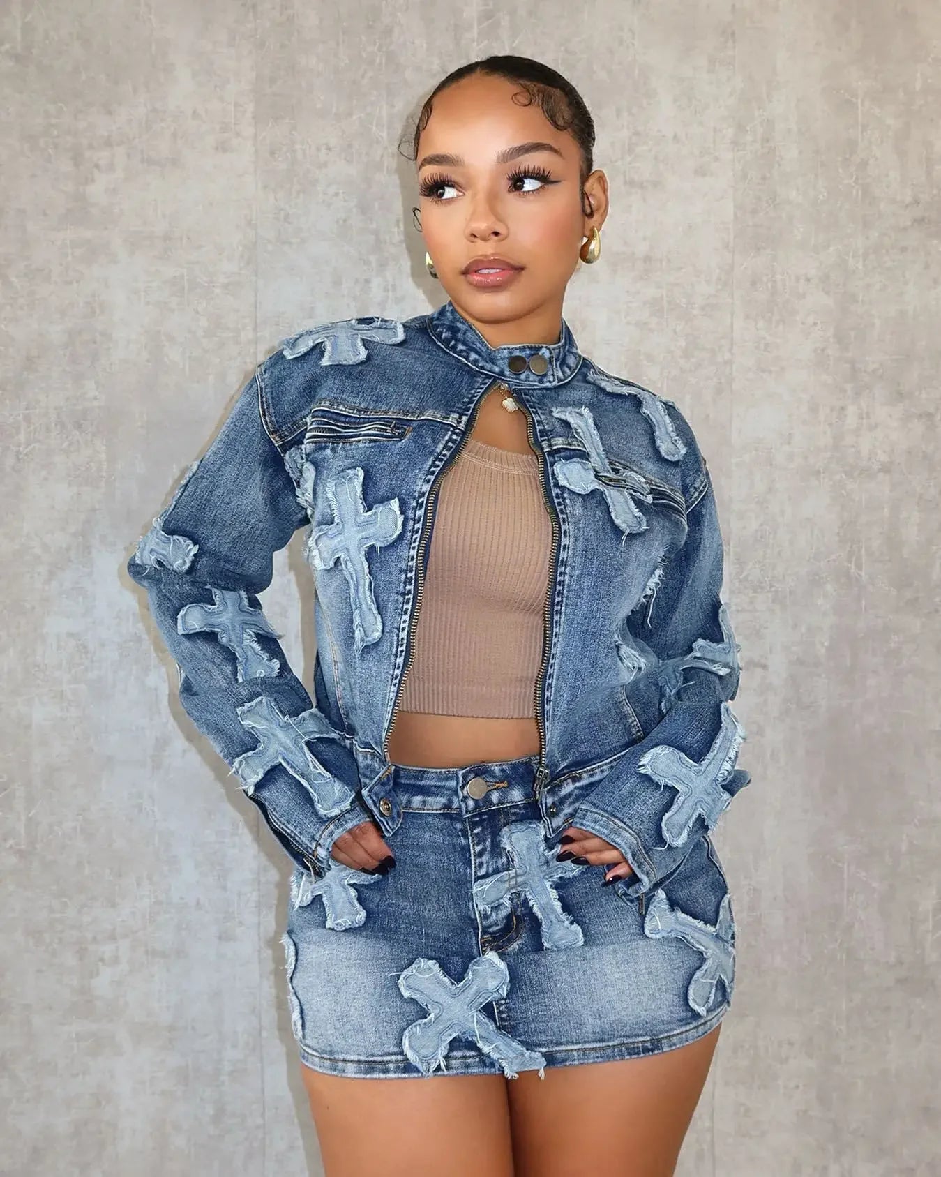 Spring New Denim Skirt Set F8505 Cross-Border Hot Sale Embroidered Short Skirt Jacket Set Cotton Knee-Length Women's Outfit