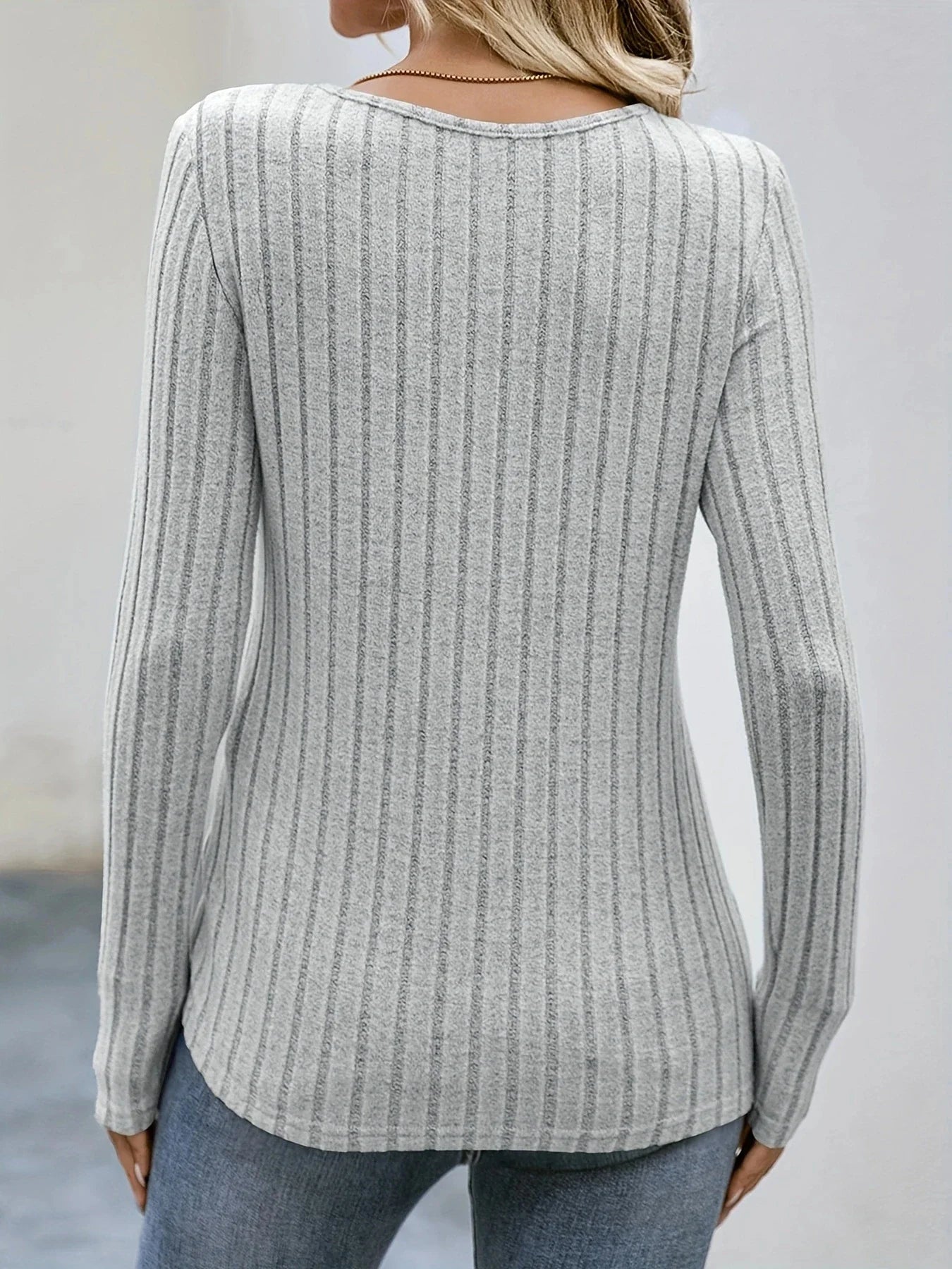 Square Neck Solid Ribbed Button DecorT-Shirt Casual Long Sleeve Top For Spring & Fall Women's Clothing
