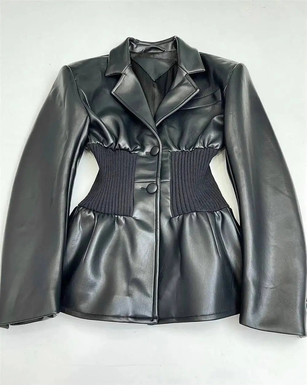DEAT Fashion Women's Blazer Notched Collar PU Patchwork Knitted Super Waist Silhouette Suit Jackets Spring 2025 New 17A2010H