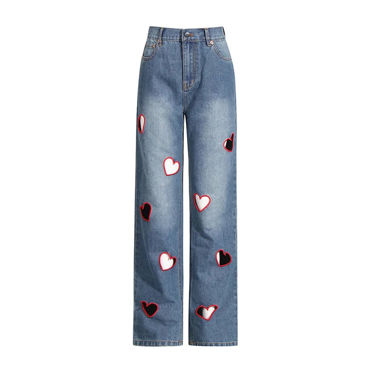 2025 Summer New Fashion Women's Jeans High Waist Straight Wide Leg Embroidery Heart Hollow Out Female Denim Pants