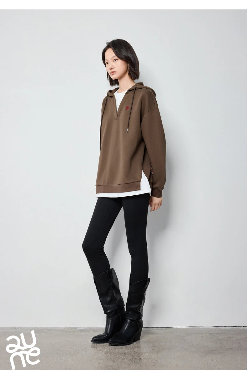 TOYOUTH Women Hoodies Sweatshirt 2024 Autumn New Heart Patter Embroidery Fake Two Piece Hooded Pullover Tops