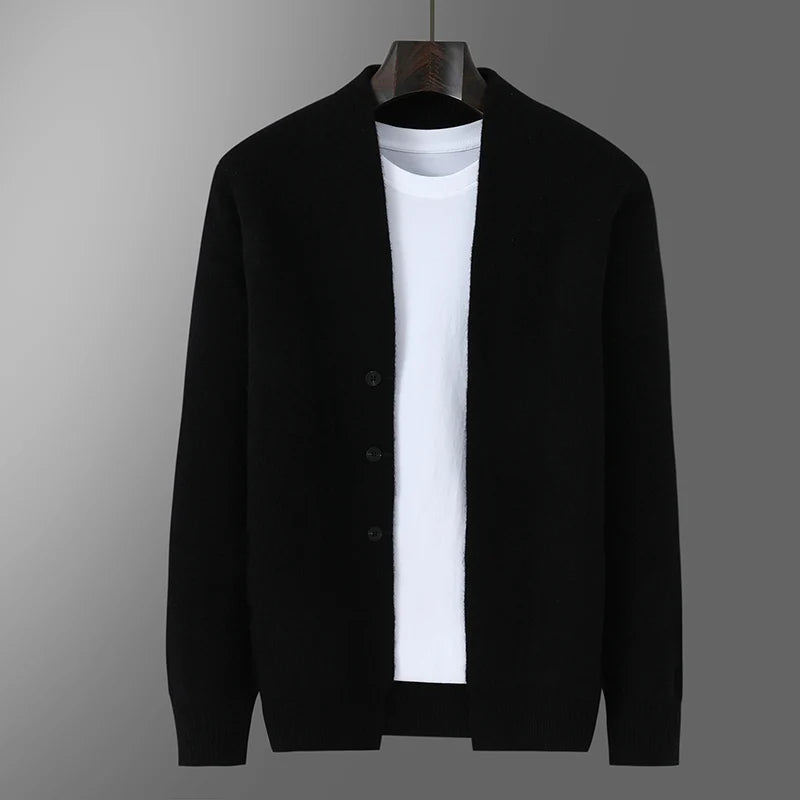 2025 Autumn Winter New Thick Cardigan 100% Pure Wool Men's Versatile Jacket V-Neck Loose Casual Highend Knitted Cashmere Sweater