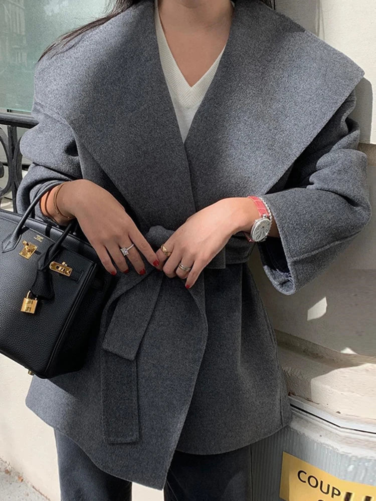 [EWQ] Khaki Fashion Woolen Coat With Belt Women Long Sleeve Elegant Lapel Wool Jacket Outwears 2025 Autumn Winter New 16U5035