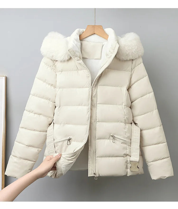 Winter Large Fur Coat Women With Belt Hooded Fur Collar Puffer Jacket Women New Warm Loose Parka Ladies Cotton Padded Overwear
