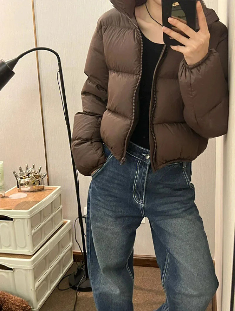 Casual Cropped Parkas for Women Winter New Loose Stand Collar Thick Warm Quilted Jacket Versatile Zipper Long Sleeve Bread Coat