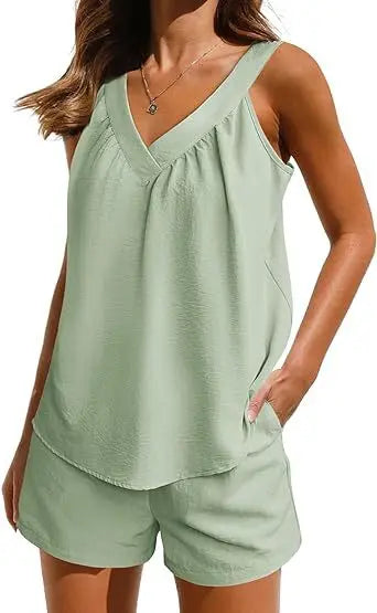 New Summer Women's 2-piece Set Pink V-neck Vest Elastic Pocket White Stylish Black Shorts Set