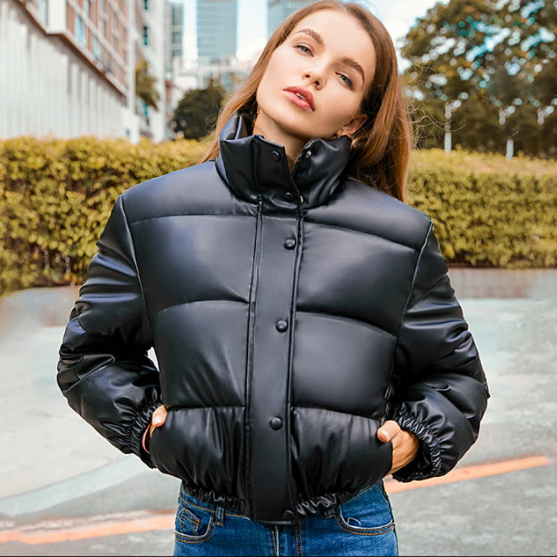Winter Warm Thick PU Leather Coats Women Short Parkas Fashion Black Cotton Padded Lady Down Jacket Elegant Zipper Clothes 2025