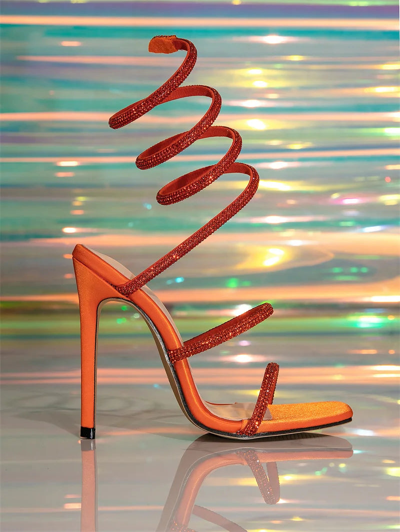 Liyke New Fashion Green Rhinestone Ankle Snake Twine Around Strap Sandals Women Party Prom Shoes Sexy Square Toe Stripper Heels