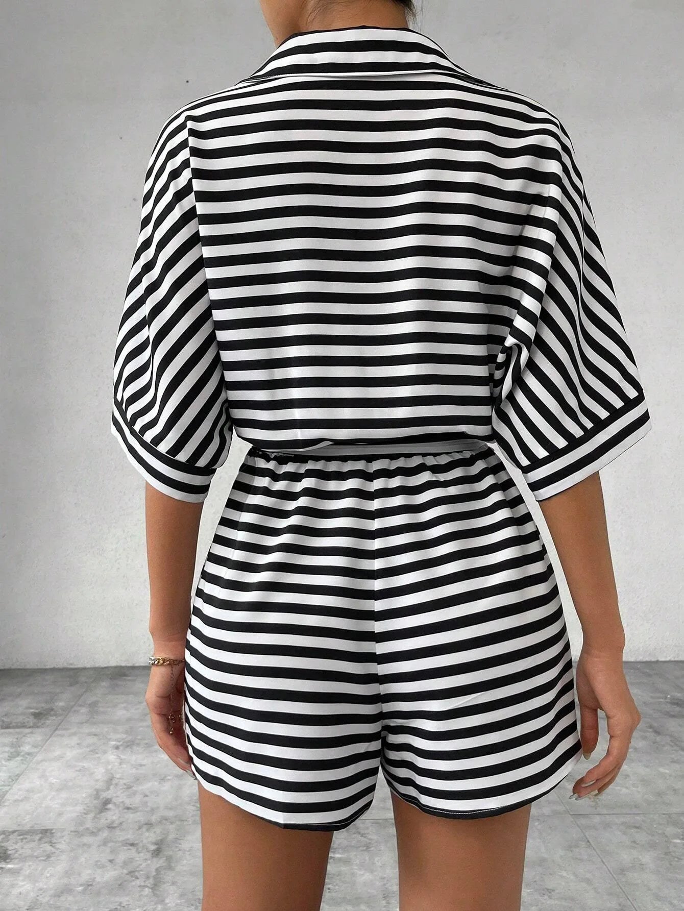 Summer New Set For Women's Casual Loose Comfortable Outfit Fashion Striped Batwing Sleeve Shirt Top+ Shorts 2-piece Sets Woman