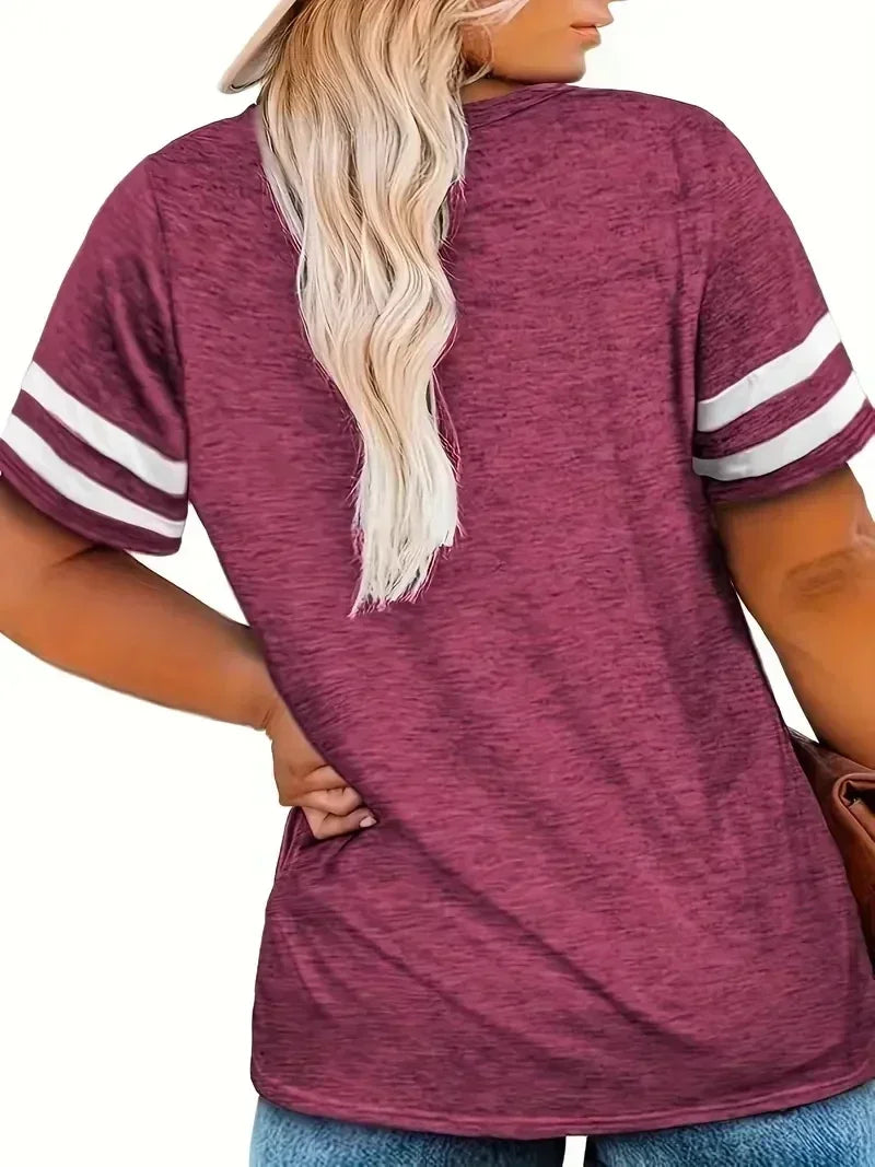 Women Fashion Plus Size V-neck Summer Color Blocked  T-shirt Summer Loose Top Short Sleeved Casual T-shirt 1XL-8XL