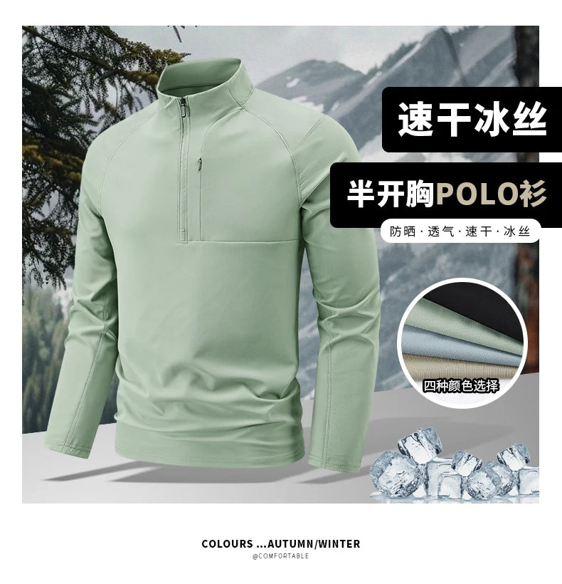 Quick Dry Men's Polo Shirt Stand Collar Pullover Male Long Sleeve Half Zipper Spring Big Size Plus Large 6XL 7XL 8XL Sport Golf