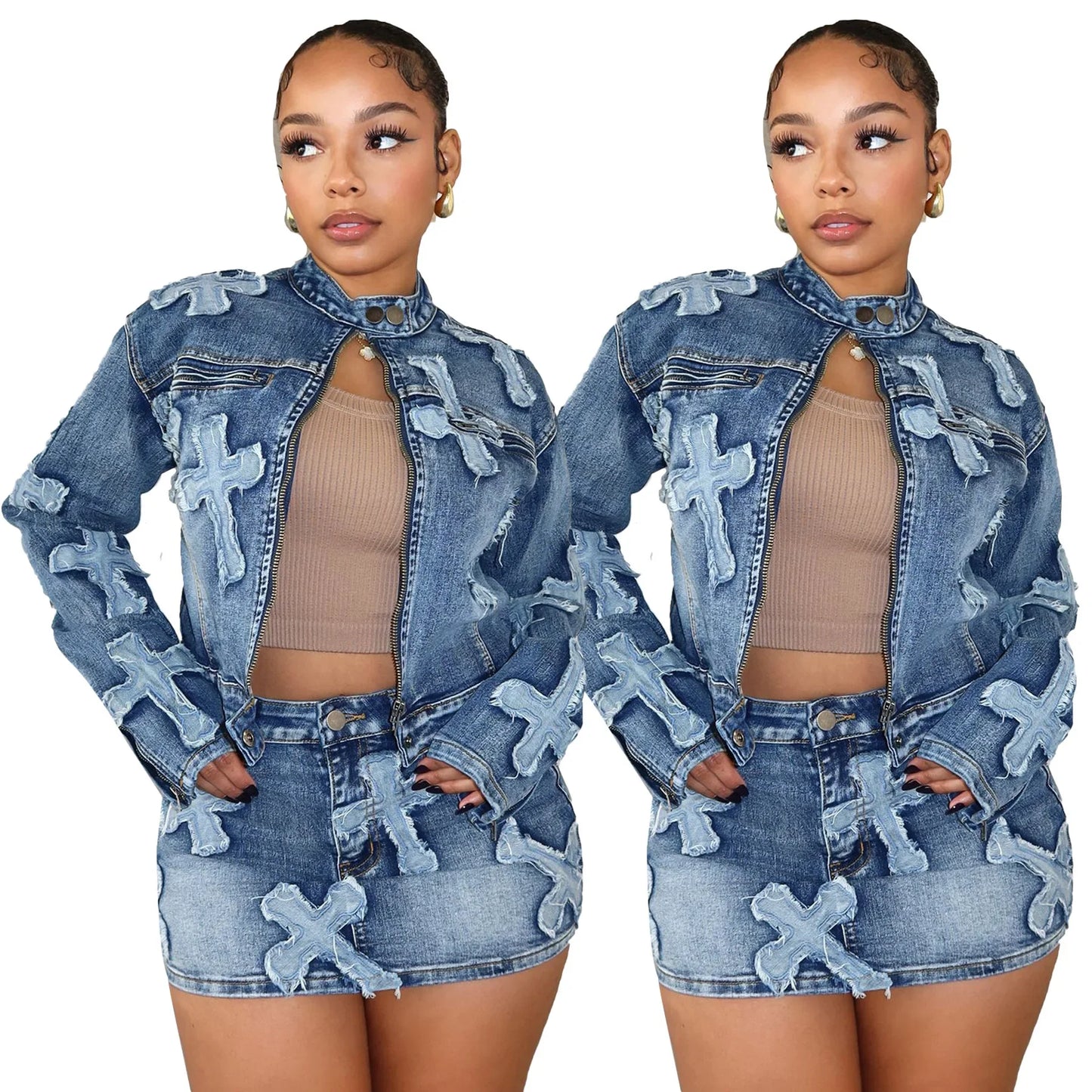 Spring New Denim Skirt Set F8505 Cross-Border Hot Sale Embroidered Short Skirt Jacket Set Cotton Knee-Length Women's Outfit
