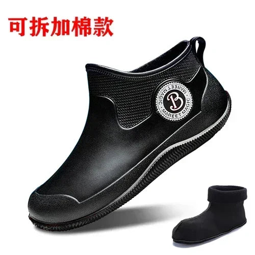 Fashion Rain Boots Men's Short Delivery Riders Galoshes Plus Cotton Waterproof Winter Shoes