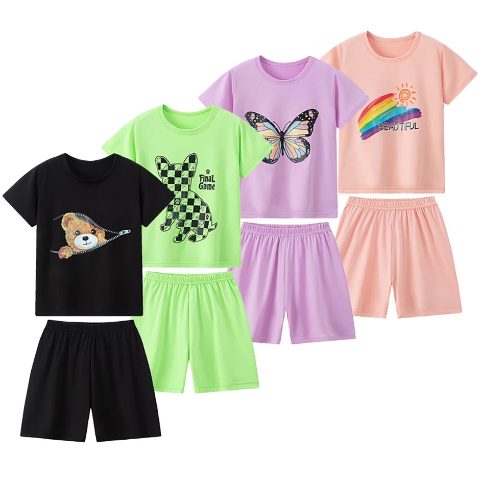 8/2 Pcs Children's Summer Cute Printing Suit Boy Casual Fashion Pocket Bear Short Sleeve Girl Sweet And Cute Joker Comfort Short