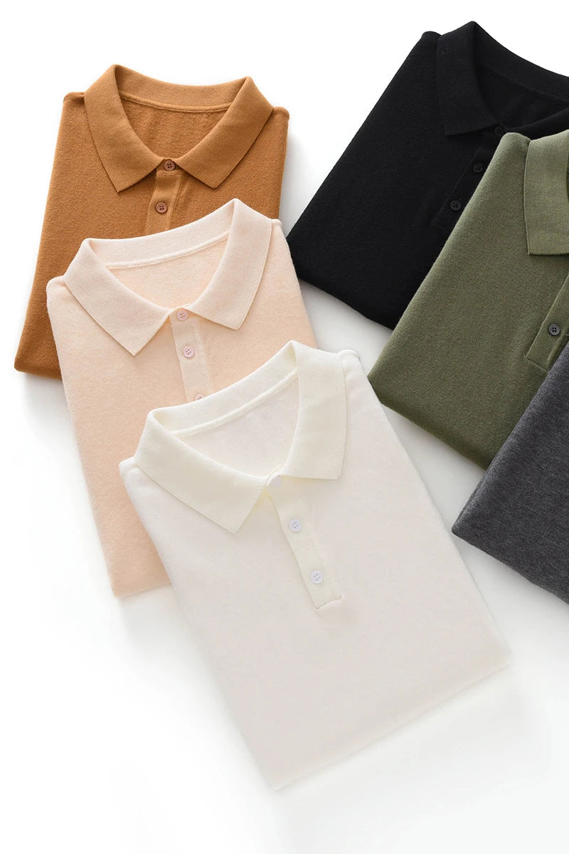 2025 Classic Polo Neck T-Shirt Pullover Men Knitwear Wool Lyocell Blend Sweater Short Sleeved Cool High-Quality Clothing Tops