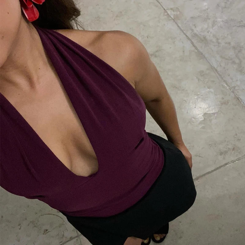 HXAO Halter Top Women Off Shoulder Deep V-Neck Crop Top y2k Sexy Backless Tank Top Street Style Casual Women's Summer Tops 2025