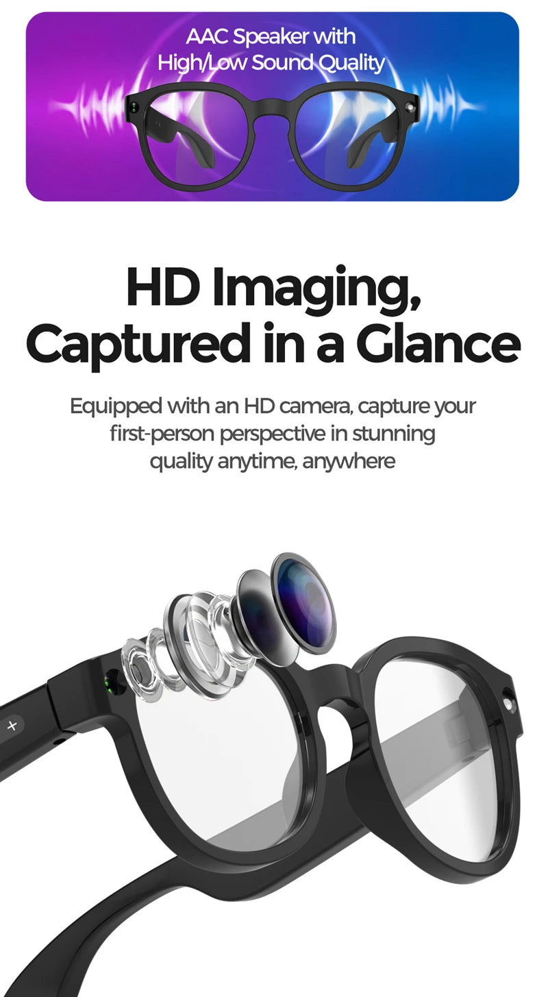 For Men Women Ai Smart Glasses 8MP 4k HD Camera Glasses AI Wake-up Bluetooth Music Audio Sunglass Language Translation