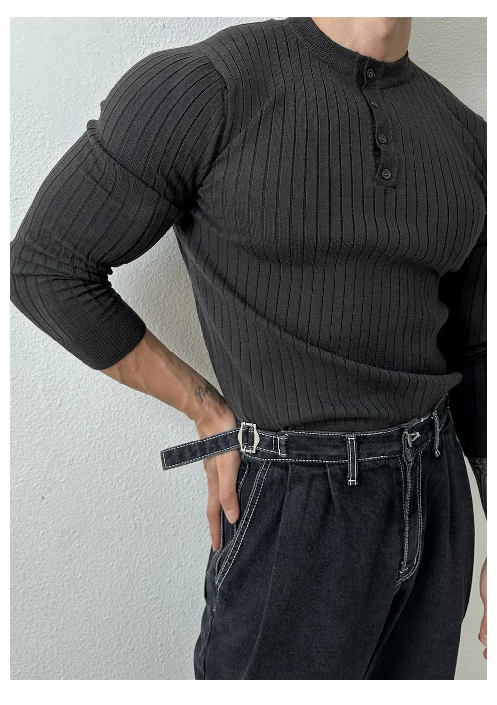 Autumn Clothing Men's Light Luxury Knit Korean Popular Henry Collar T-shirt Button-down Long Sleeve Retro Leisure Knitwear