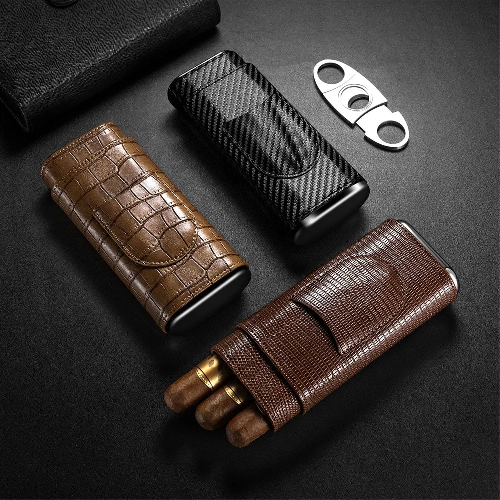 3-pack Cigar Case Luxury Portable Leather Holder Box Storage with Stainless Steel Sharp Cigar Cutter Smoking Accessories CH-24FA