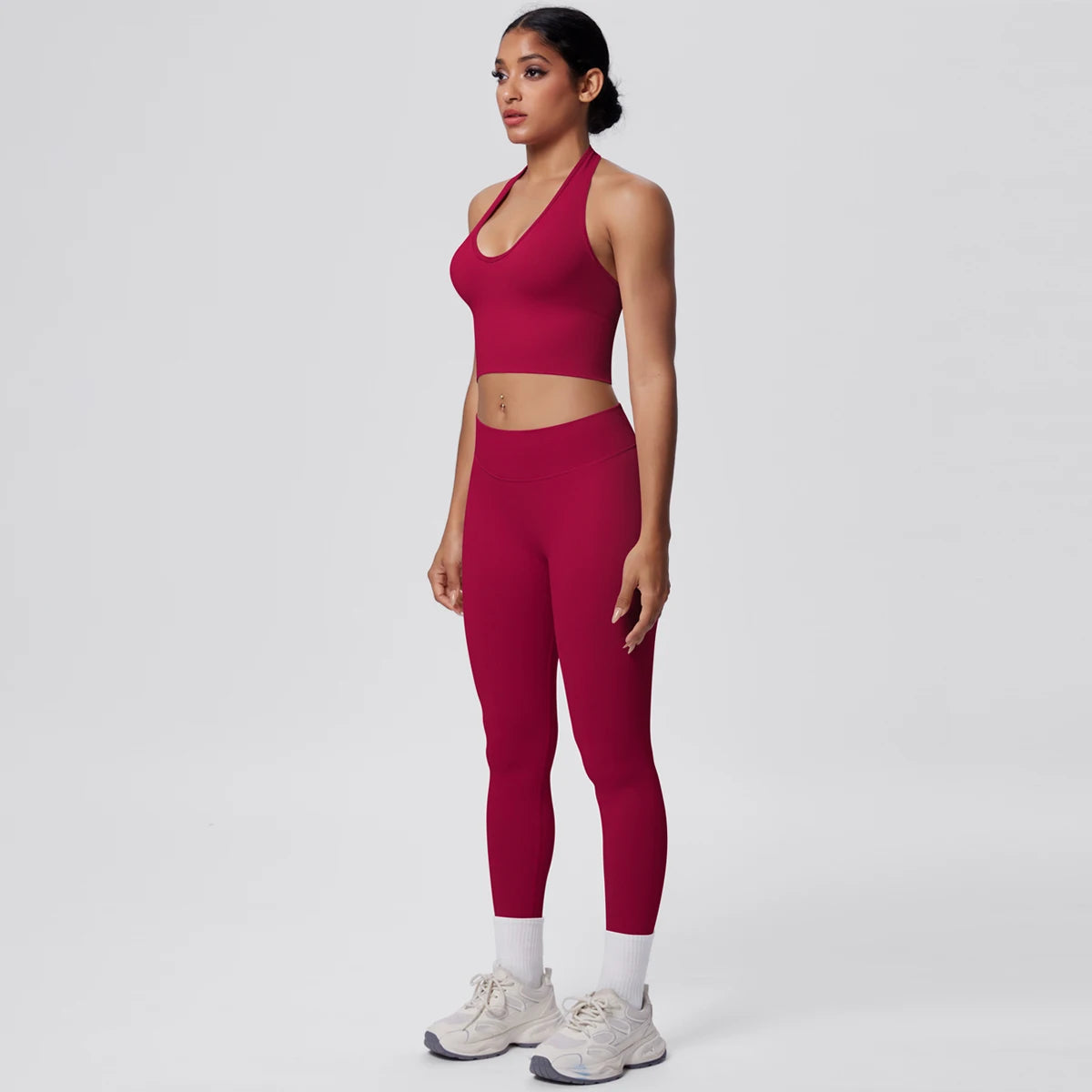 Solid Color Backless Breathable 2pieces Set for Woman High Strength Training Yoga Set Hanging Neck Bra Gym Push Up Fitness Pants