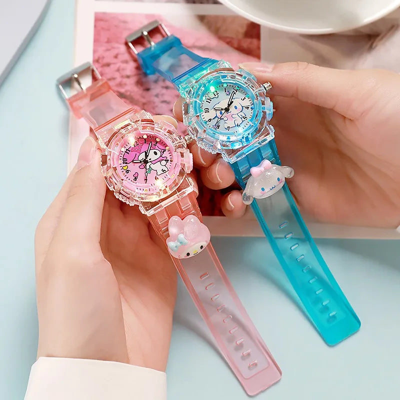 Sanrio luminescence Cinnamoro Kuromi 3D Pattern Child Wrist Watch Cute Watch Cartoon Christmas Watchband Kids Gift